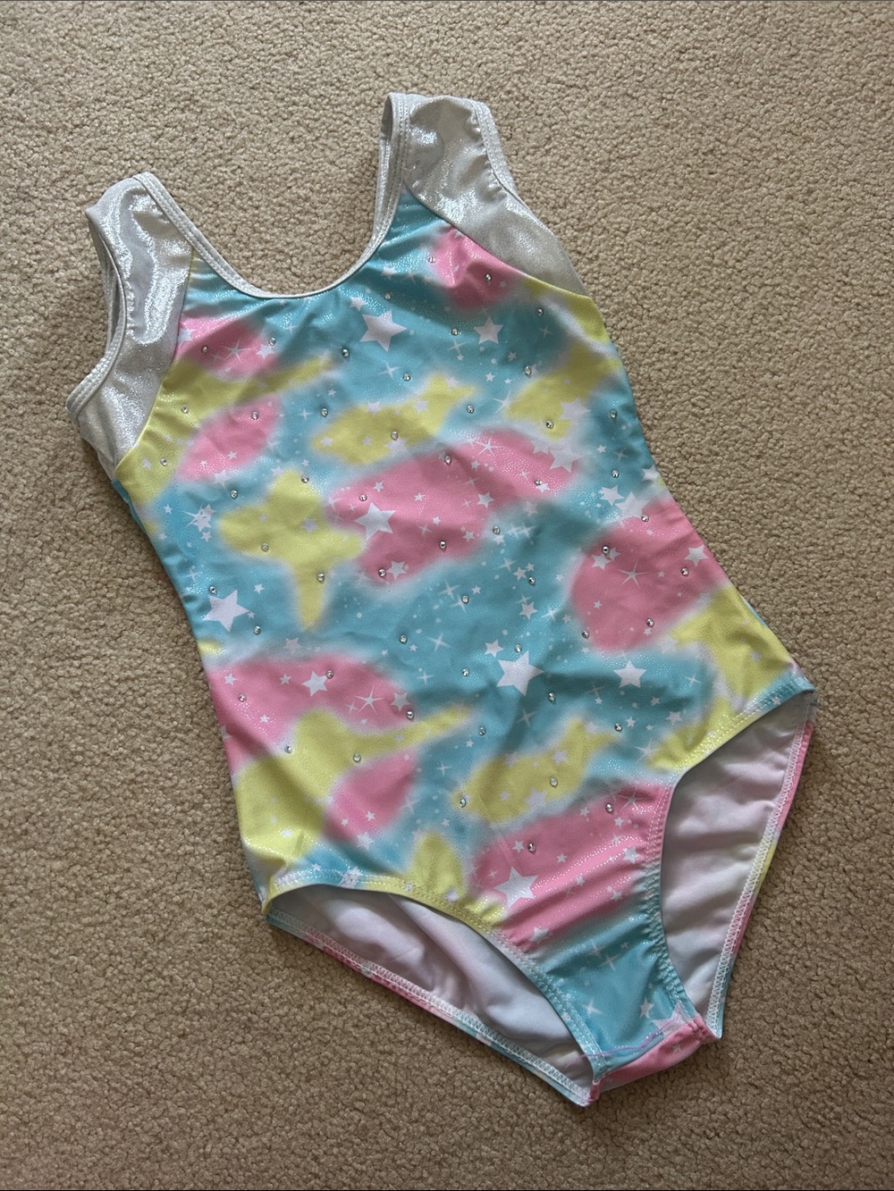 Girls’ Rhinestone Cotton Candy Tank Leotard, Multicolor Pastel Print, size L